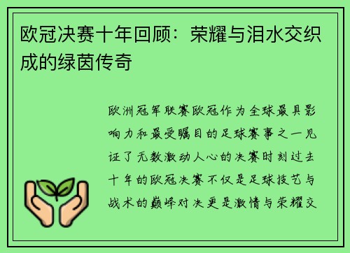 欧冠决赛十年回顾：荣耀与泪水交织成的绿茵传奇