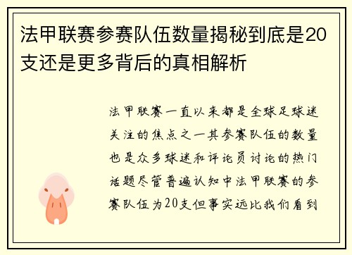 法甲联赛参赛队伍数量揭秘到底是20支还是更多背后的真相解析