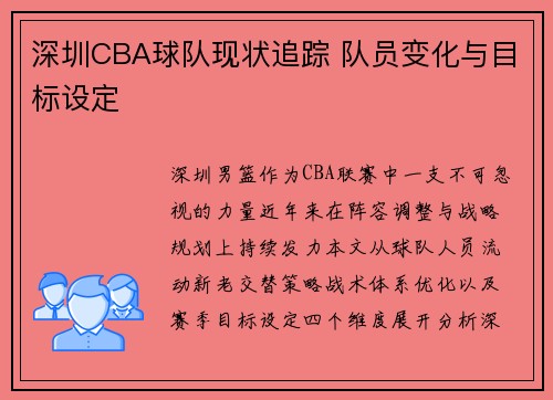 深圳CBA球队现状追踪 队员变化与目标设定